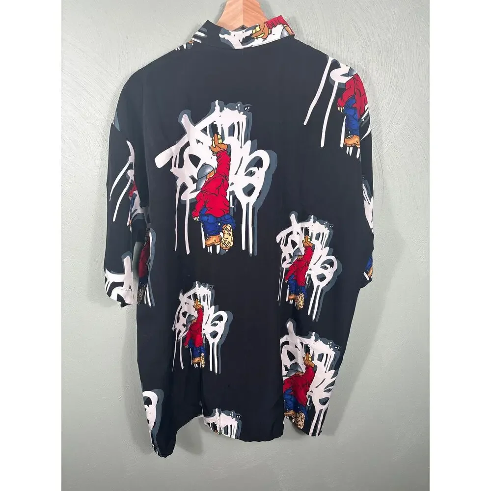 Up Ro's Button Down‎ Shirt Mens Large Black Graffiti Character Streetwear Top
